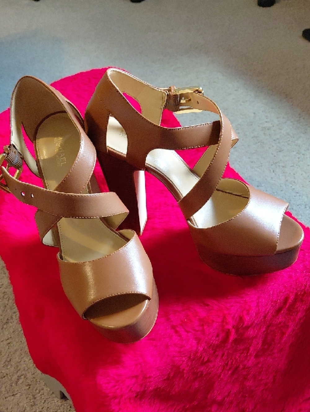 MICHAEL Michael Kors Tan Crisscross Peep-Toe Wedge Sandal